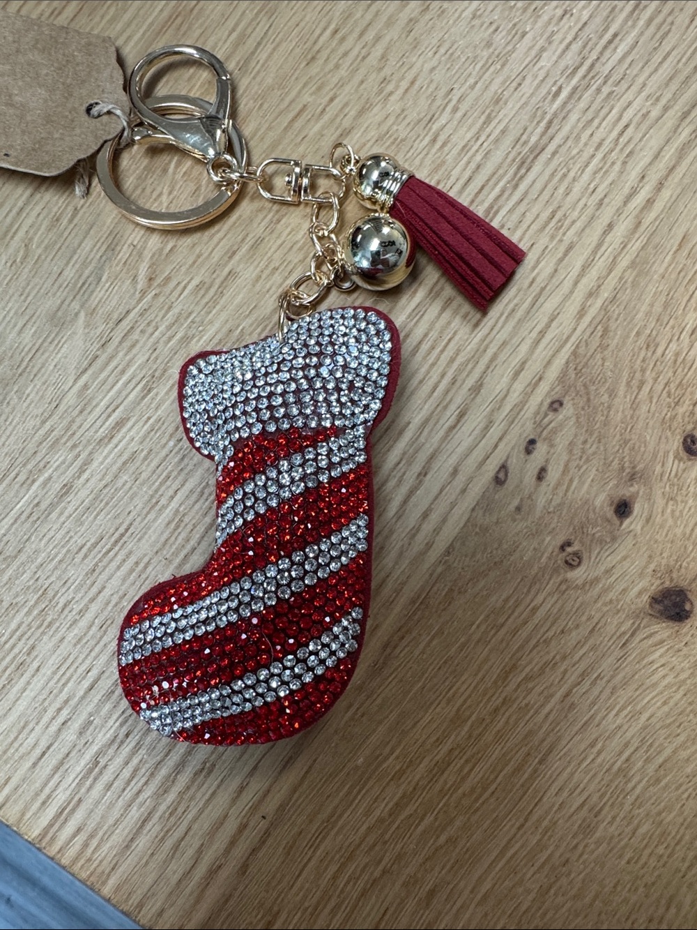 Crystal-Embellished Red Stocking Keychain with Tassel